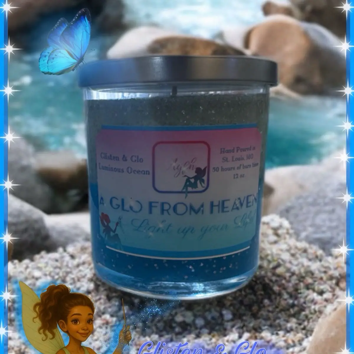 Glitter & Glo Luminous Ocean 12 oz Candle - Hand Poured in St. Louis MO - 12 Hours of Glow - A Glo from Heaven Brand