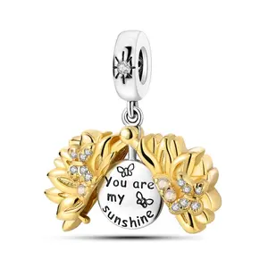 MULA S925 Silver Plated Sunflower Pendant with Gold Plated Petals and CZ Gemstones, Compatible with Pandora Bracelets and Necklaces, Gift for Daughter Mom Wife on Birthday, Graduation or Thanksgiving