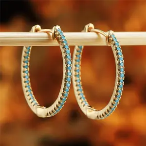 Golden / Silvery Hoop Earrings With Full Blue Turquoise Beads Decor Bohemian Style Copper 18K Gold Plated Jewelry Female Gift
