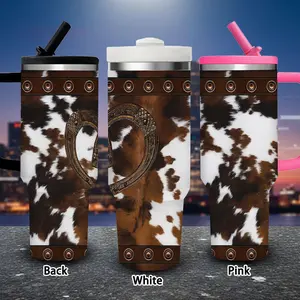 1 pc 40 oz Western-style cowhide pattern tumbler with buckle, lid, and straw; insulated travel mug for winter; gift for women and men; ideal for Valentine’s Day, Easter, and birthdays; suitable for iced or hot coffee