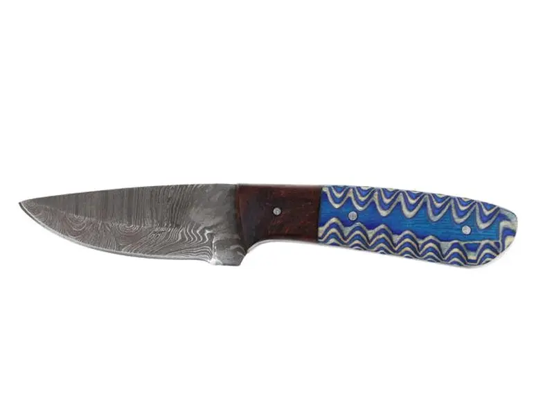 Hand-Forged Damascus Skinning Knife with Jiggered Blue Wood Handle