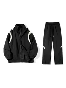 Men's Retro 2-Piece Tracksuit, 90s Streetwear Jacket & Wide Leg Pants Set, Fashion Colorblock Style, Spring & Fall Wear