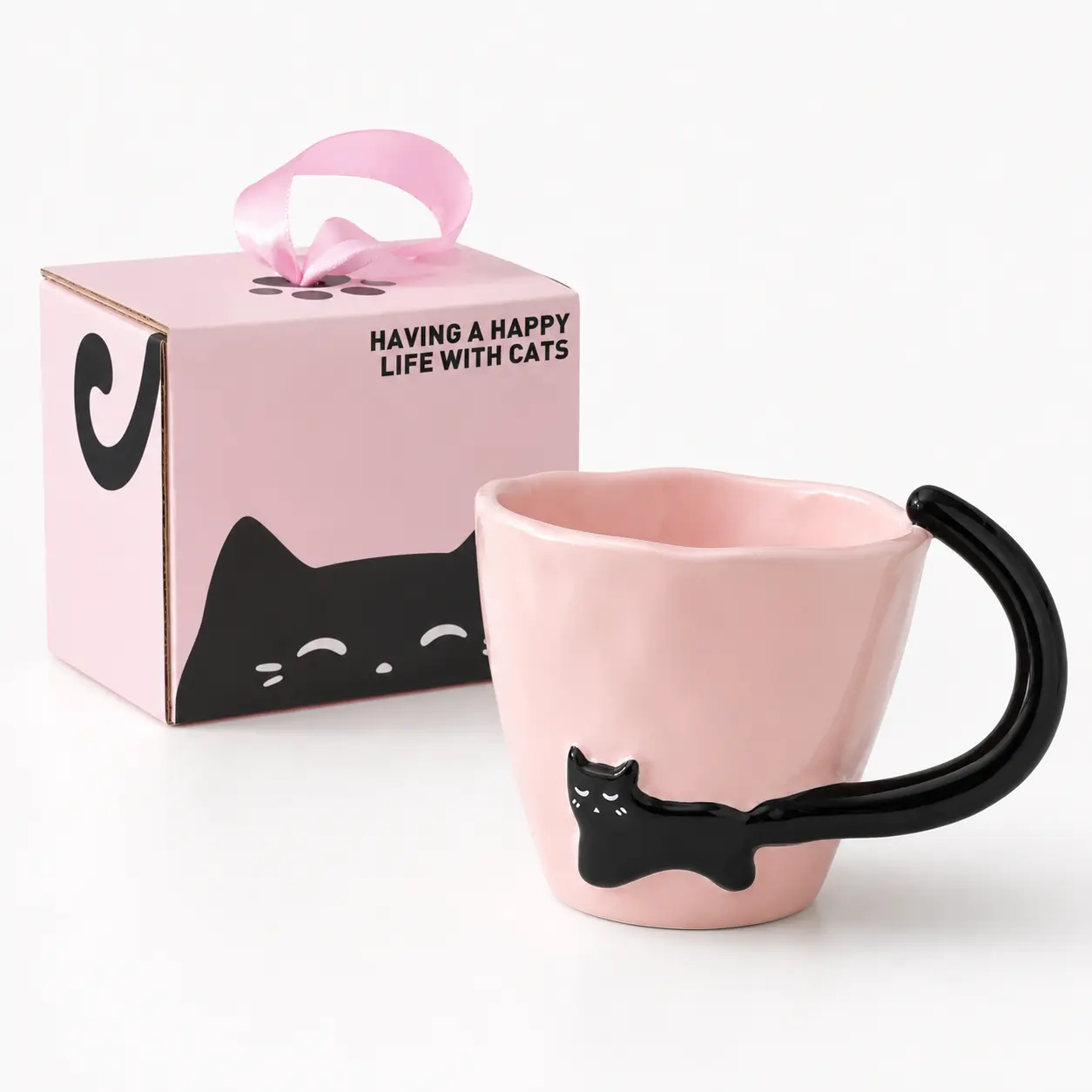 Aesthetic Design Ceramic Drinkware with Handle, 300ml Cute Cat Tail Mug, Cat Lover Gift for Women with Gift Box