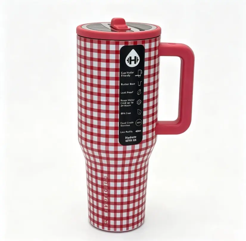 HydroJug 40oz Pink Gingham Aesthetic Stainless Steel Insulated Flask - Double Wall Vacuum Leakproof, Women's Travel Coffee Cup for Gym, Portable Drinkware with Handle, Straw Friendly Car Cup Holder