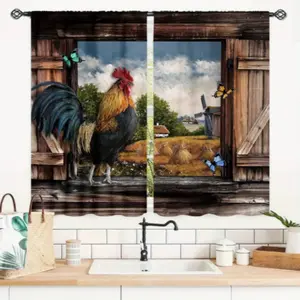 2 Piece Farmhouse Vintage Rooster Pattern Home Textile Window Decor, Digital Print Curtains, Rod Pocket Design, Privacy Protection, Home Decoration Curtain