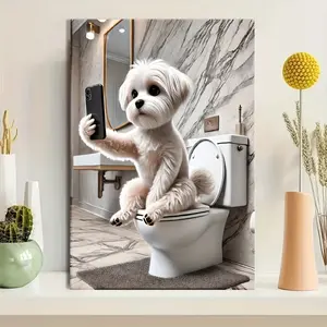Funny Maltese Dog Bathroom Selfie Canvas Art Poster Animal Theme Poster, Room Wall Decoration, With Wooden Frame, Perfect For Modern Home Decoration In Bedroom, Living Room, Dining Area, Must-have Gift For Animal Lovers, High Definition Printing