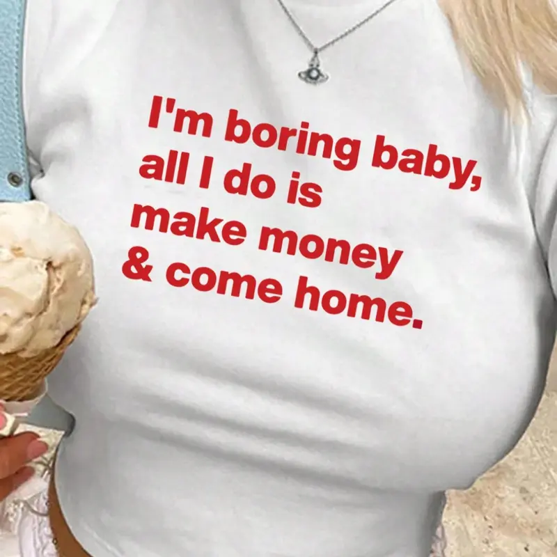 Women's Letter Print Round Neck Crop Tee, Casual Stylish Tee, Fashion Casual Crew Neck Short Sleeve T-shirt for Daily Holiday Vacation Outdoor Wear, Ladies Clothes for All Seasons, Casual T Shirts, Womenswear