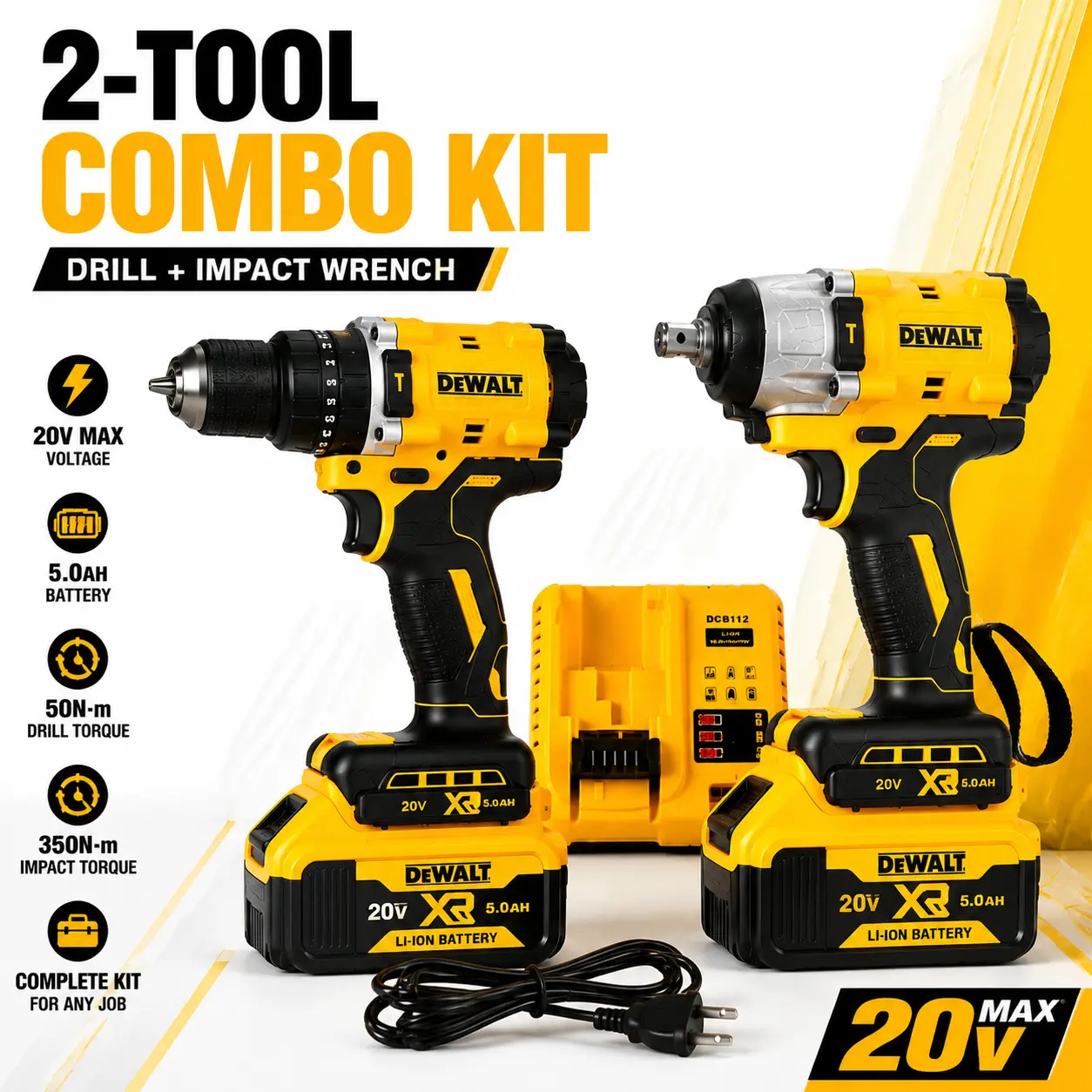 ()DEWALT Cordless Drill & Wrench Combo Kit, High Torque Drilling & Fastening, Durable Metal & High Strength Plastic Construction, Powerful Performance Lightweight Design, DIY Tool Set Home Repair Workshop Essentials