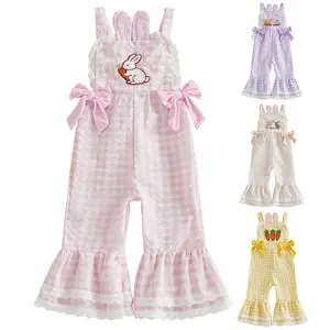 Toddler Baby Girls Easter Plaid Jumpsuits Easter Egg Rabbit Bunny Embroidery Sleeveless Bell-Bottom Overalls Jumpsuit Costume 1-5T