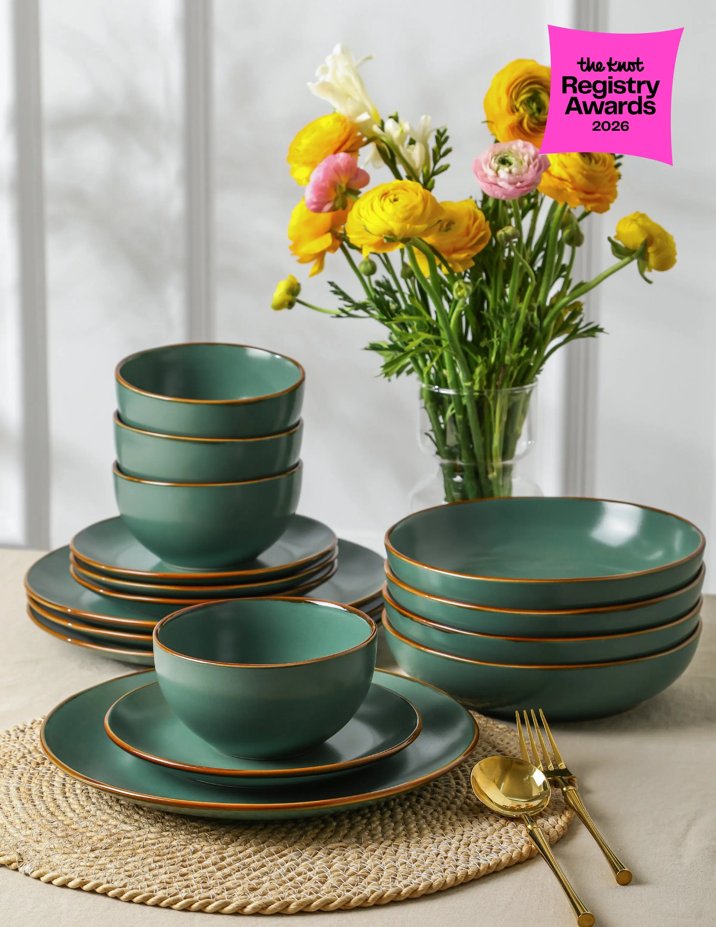 Stone Lain Brasa Stoneware Dinnerware Set, 16 or 32 Piece, Green with Brown Rim, Rustic Farmhouse Plates and Bowls, Service for 4 or 8