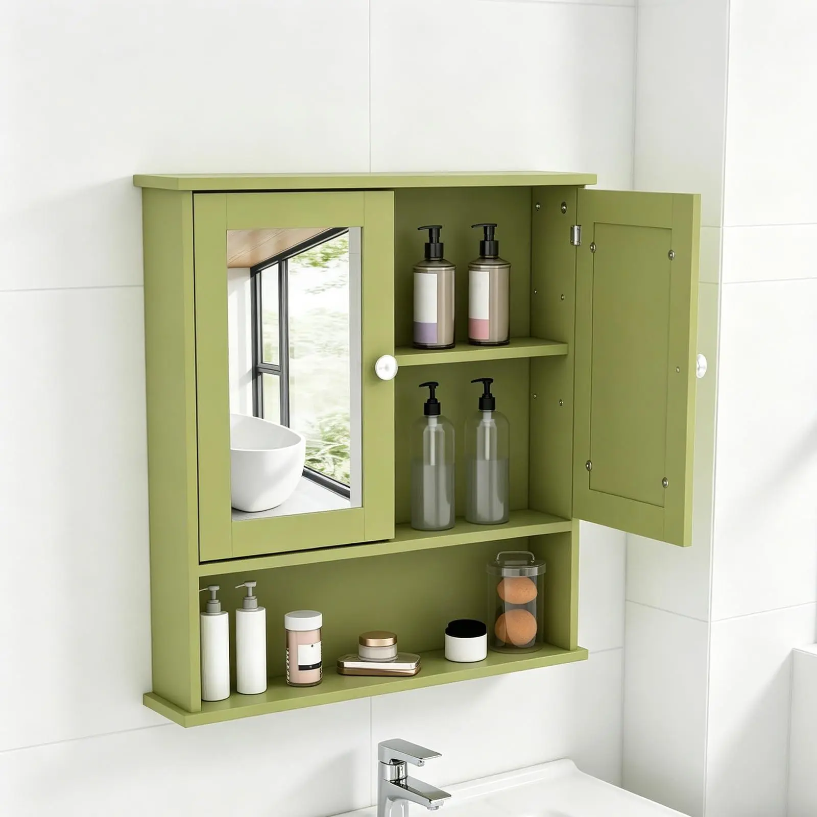 Bathroom Cabinet with Mirror, Wooden Medicine Cabinet with 2 Mirrored Doors, Adjustable Shelf, Open Compartment, Wall-Mounted, Wall Cabinet Over Toilet Kitchen, Green
