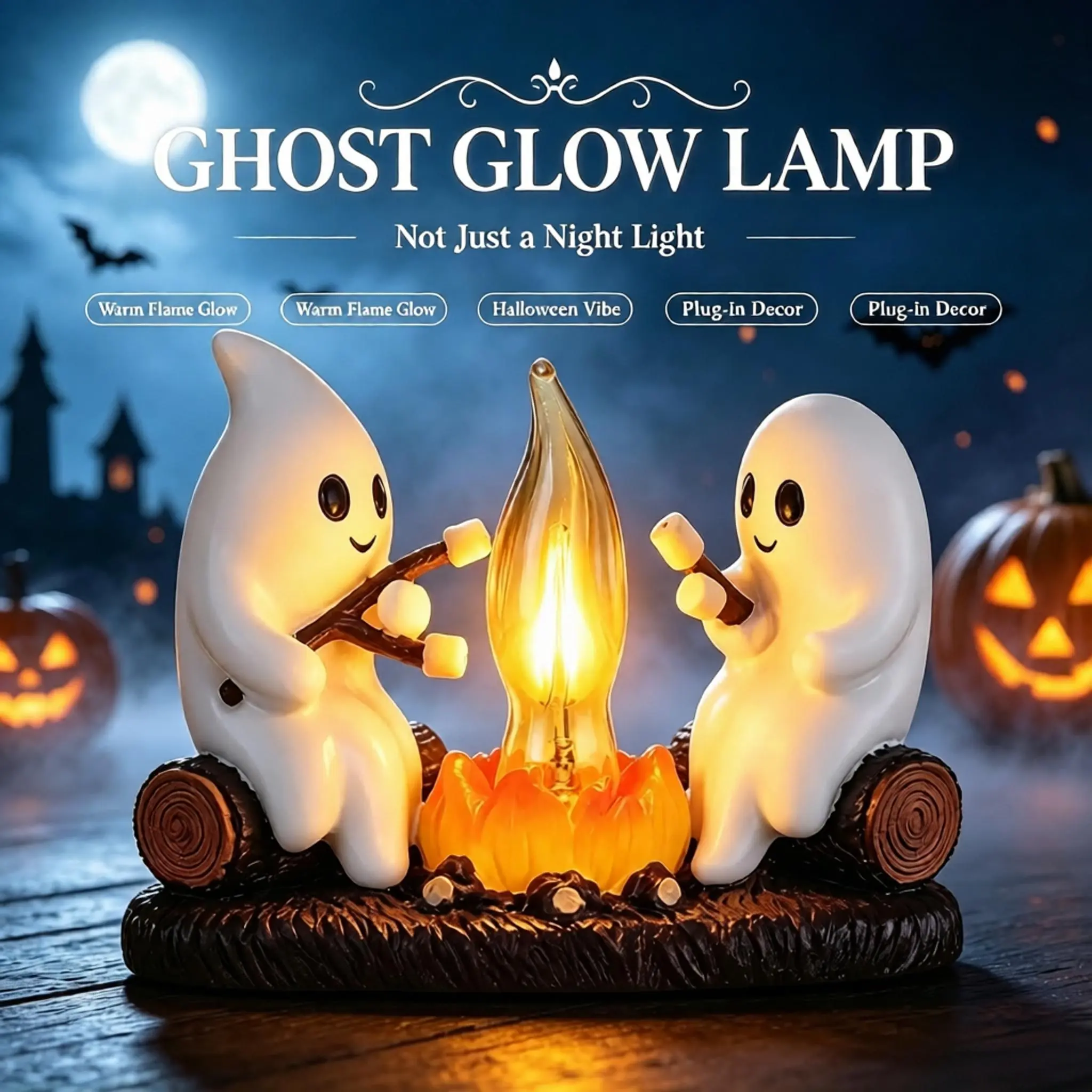 Ghost Campfire Night Light – 3D Flickering LED Plug-in Wall Lamp, Halloween Spooky Decor, Warm Flame Glow for Bedroom Hallway Kids Room, Pumpkin Ghost Gift