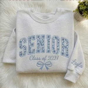 [Custom Name] Floral Senior 2027 Custom Embroidered Sweatshirt, Custom Name on Sleeve Senior Crewneck Sweatshirt, Class of 2027 Personalized Sweatshirt