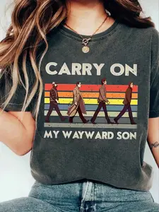 Retro Supernatural Carry On Shirt - Abbey Road-Inspired Winchester Brothers Graphic Print & 'My Wayward Son' Slogan, Comfort Colors Fan Gift for Supernatural Fandom, Short, Fitted, Casual Errands & Vintage TV Merch Style, Premium Soft Material