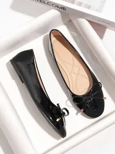 Large Size Ballet Bow Shoes, Chunky Heel Round Toe Low Top, Soft PU Leather, Spring & Fall Classic Fashion, Comfortable for Long Standing