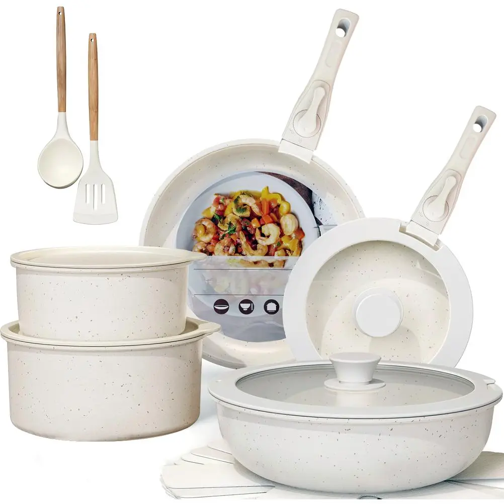 MDHAND 17Pcs Nonstick Cookware Set With Detachable Handles, Stackable Pots And Pans Set For RV Kitchen And Home, Induction Ready, Oven & Dishwasher Safe, Effortlessly Allows Frying, Stir-Frying, Stewing & Boiling Maifan Stone Non-Stick Kitchen Cooking Set