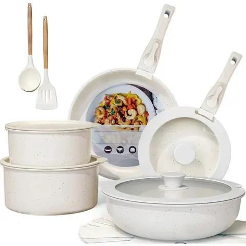MDHAND 17-Piece Contemporary Aluminium Non Stick Cookware Set - Pots and Pans Set, Anti-Adhesive, Detachable Locking Handle, Stackable, 2 Glass Covers, Induction-Ready, Oven-Dishwasher Ok, Easy Clean for Home/RV