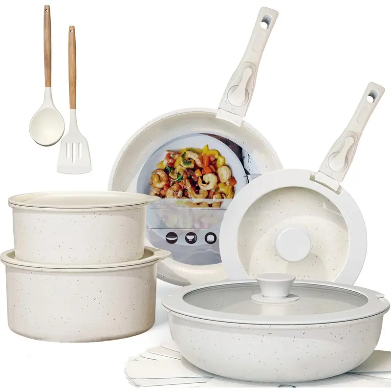 MDHAND 17-Piece Contemporary Aluminium Non Stick Cookware Set - Pots and Pans Set, Anti-Adhesive, Detachable Locking Handle, Stackable, 2 Glass Covers, Induction-Ready, Oven-Dishwasher Ok, Easy Clean for Home/RV