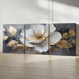 3 Count Wooden Frame Canvas, White And Gold Flower Poster, Fantasy Decorations, Modern Art, Valentine'S Day, Christmas And New Year Gift, Home, Room Mural, Office, For Living Room, Bedroom Wall Decor, HD, 8K, Odorless