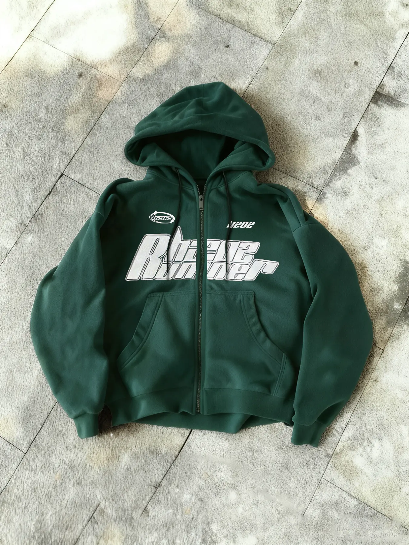 American Racing Style Graphic Hoodie, Zipper Design, Rhino Runner Text, K202 Identifier, Casual Long Sleeve, Fall & Winter Wear