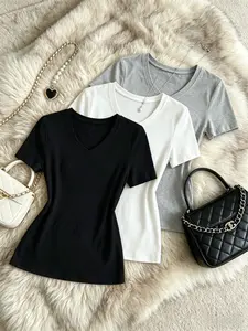 Women's Slim Fit V-Neck Short Sleeve T-Shirt Set, Soft Elastic Solid Color Basic, Casual Daily Wear, Bodycon Top for Everyday Style, Womenswear