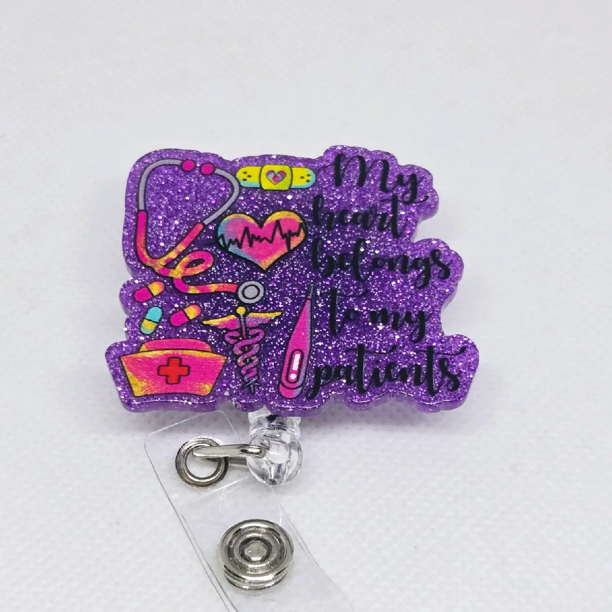 My Heart Belongs To My Patients Purple Glitter Acrylic Retractable Badge ID Reel Belt or Alligator Clip Perfect for Nursing id badge hospital worker great gift retractable clip
