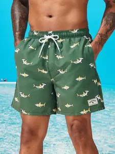 Men's Shark Print Boxer Brief Swim Trunks, Regular Fit Casual Comfy Breathable Swim Shorts for Summer, Men's Swimwear for Beach Vacation, Swimtrunks, Swimming Trunks