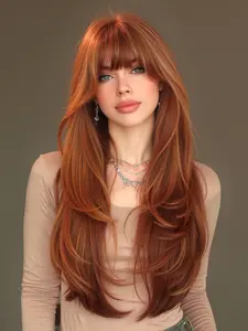 Bangs Wig With Bangs, 26 Inch Long Curly Hair, Women's High Heat Resistant Fashion Casual Wig, Synthetic Curly Wigs, All Seasons