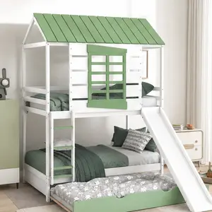 ARCH Twin over Twin House Bunk Bed with Convertible Slide and Trundle, White Pine Wood Frame for Kids Bedroom, Fun Roof Design, Safety Guardrails, Ladder Included, No Box Spring Needed, Easy Assembly, Twin Size Options, White Color Options