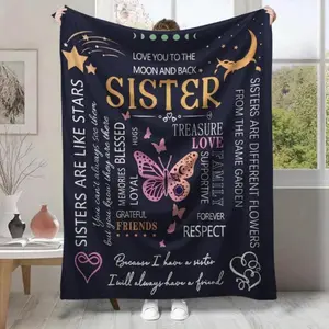 Soft Comfortable Funny Throw Blanket Butterfly & Letter Pattern Blanket,Present For Sister,Warming Flannel Napping Blanket For Rest Home Bedroom