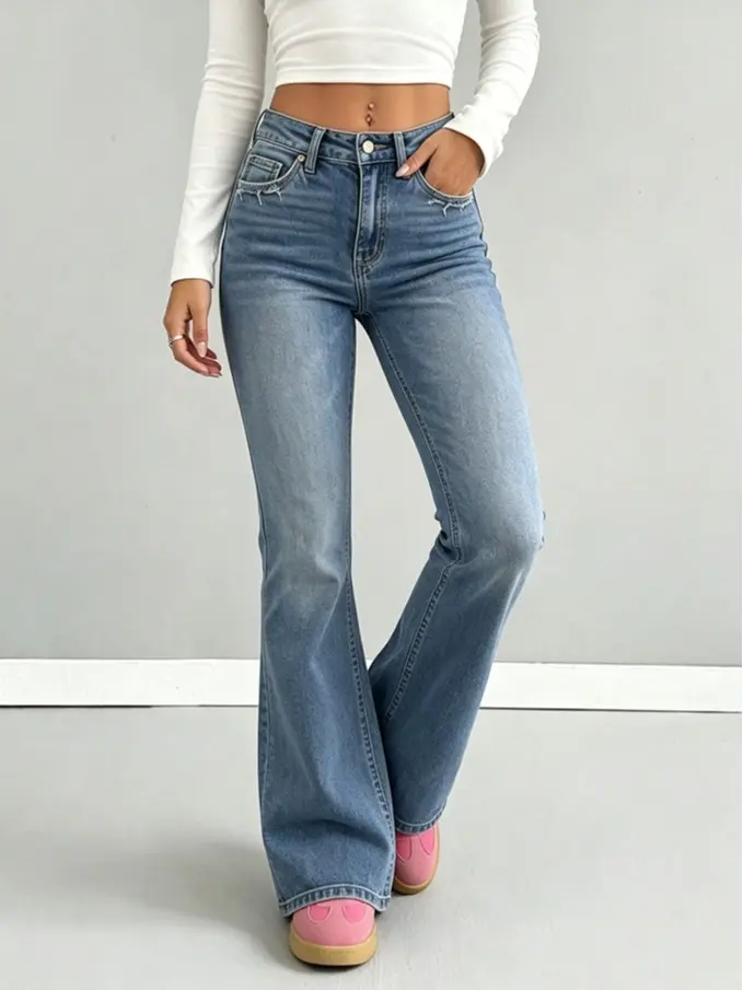Women Mid Rise Washed Flare Jeans Vintage Light Blue Slim Bootcut Denim Pants Women Mid Rise Washed Flare Jeans Vintage Light Blue Slim Bootcut Denim Pants