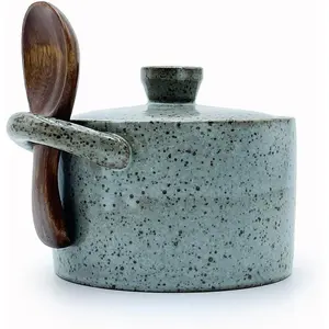 8 oz Ceramic Salt Cellar with Lid & Wooden Spoon Countertop Salt Container Sugar Bowl Spices Jar Artisan Kitchen Decor (Gray)