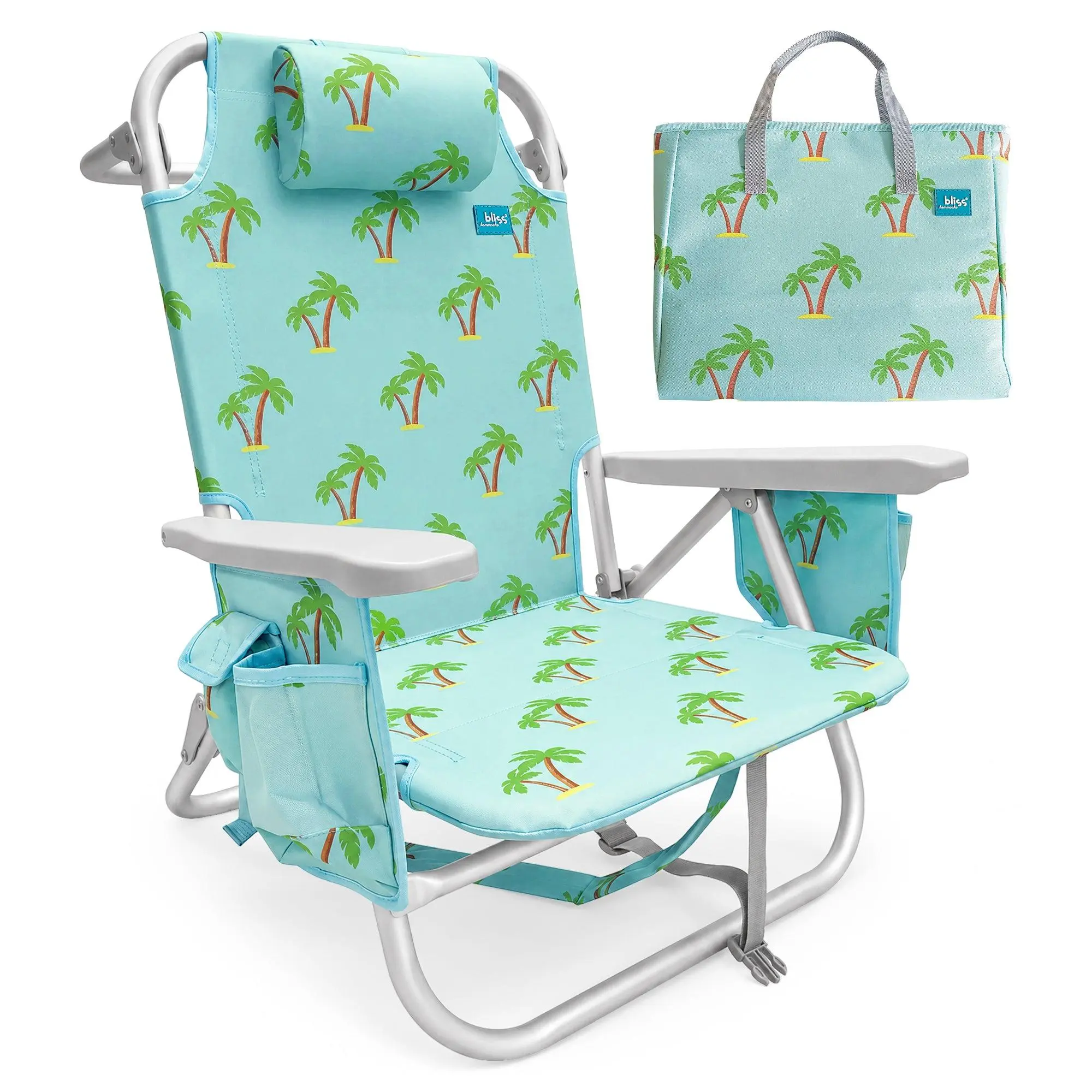 Bliss Hammocks Folding Beach Chair Recliner with Detachable Cooler, Palm Tree