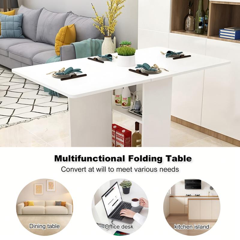 Folding Drop Leaf Dining Table with 6 Wheels and 2-Layer Storage Shelf, Space Saving Table for Small Spaces, 47.2 inch D x 23.6 inch W x 30.3 inch H, White