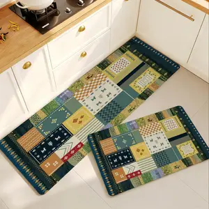 Boho Patchwork Kitchen Rugs Set - Boho Graphic Rug with 0.4cm Fabric + Rubber Construction, Non-Slip Rubber Backing, Water-Absorbent Non-Woven Runners, Oil-Resistant Washable Vintage Ethnic Motifs Mats for Sink, Kitchen Decor