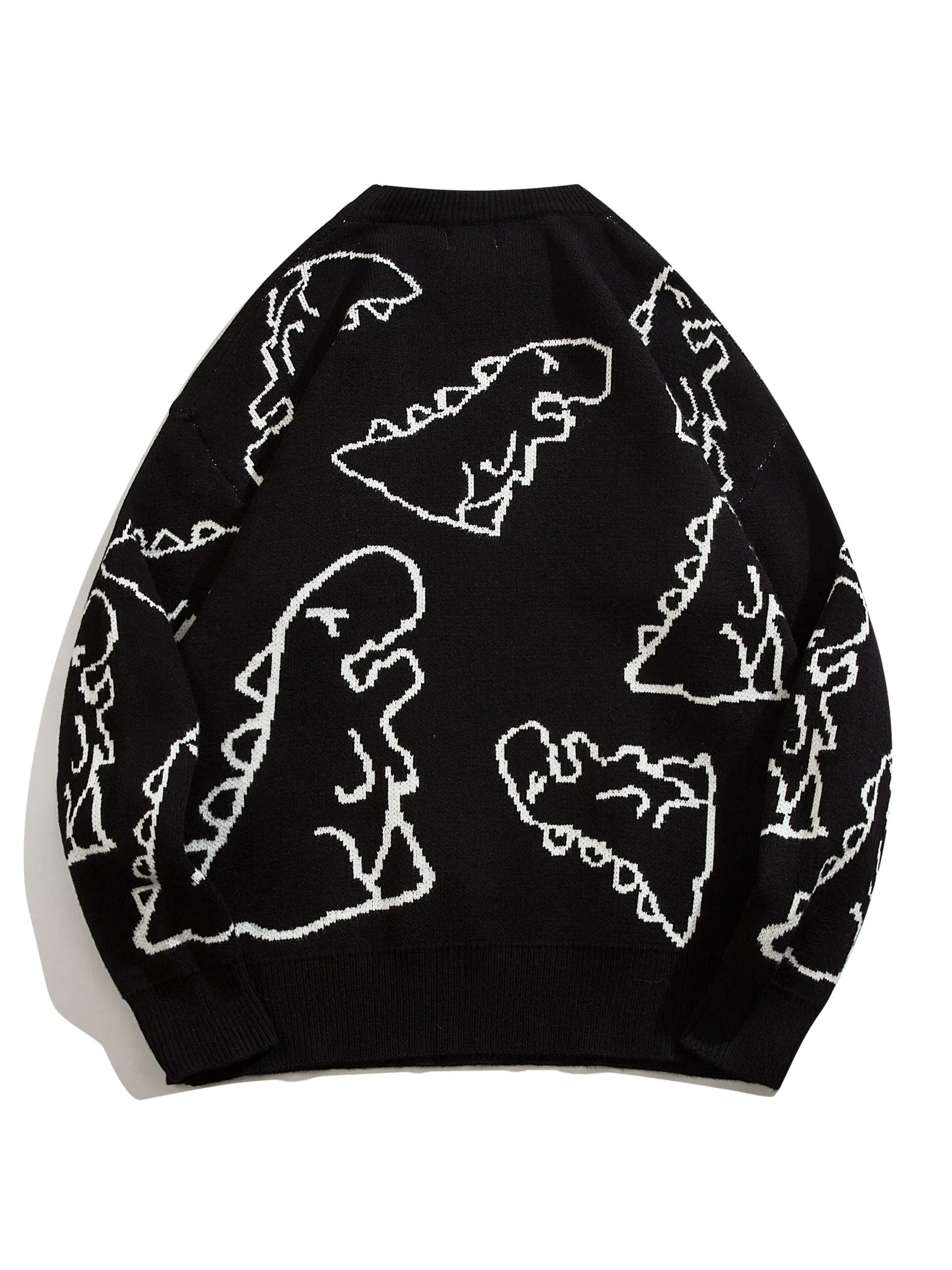 YWFG Unisex Casual Loose Fit Sweater - Black with Blue Dinosaur 