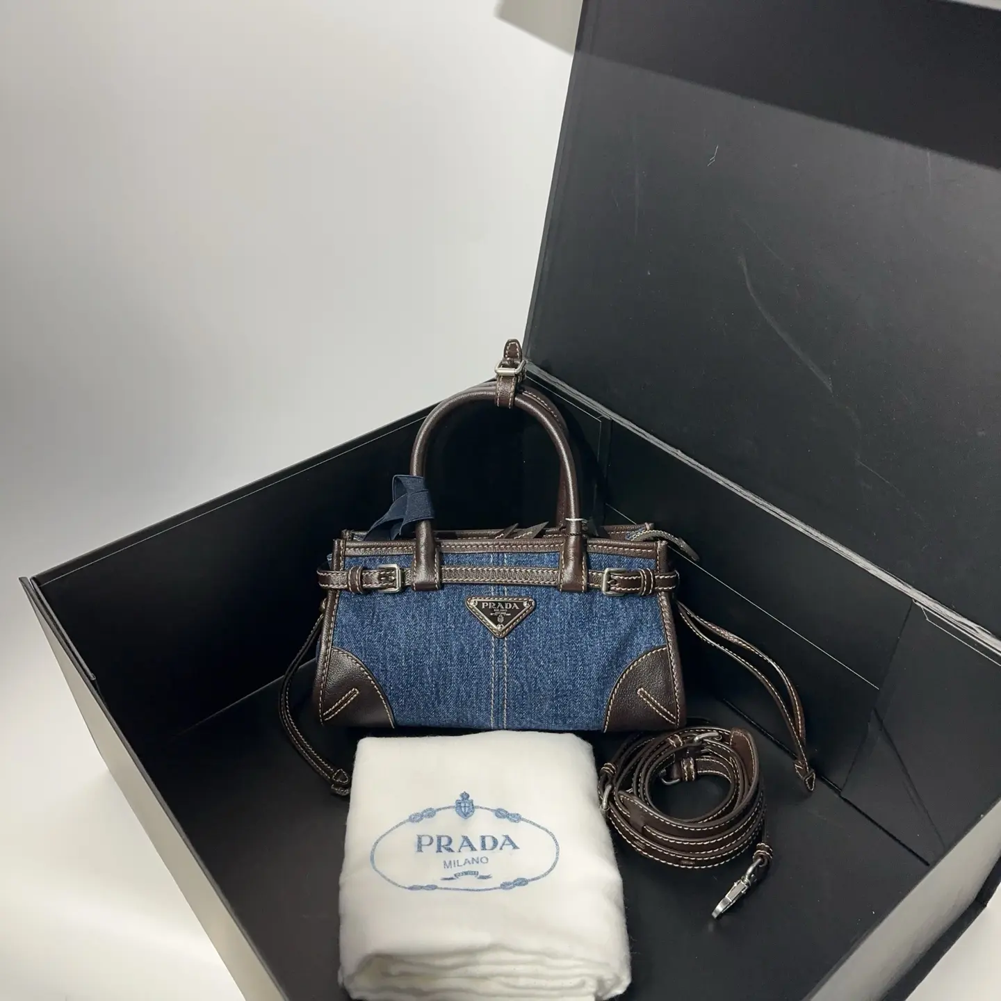 Pre-owned PRADA Denim Leather Trim Mini Top Handle Satchel 0809 raye 23829171