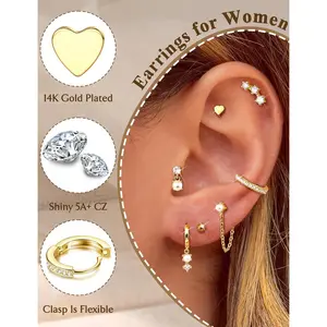 14K Gold Hoop Stud Earrings for Women Trendy Non Tarnish Stack Earrings Hypoallergenic Cartilage Earring Sets for Multiple Piercing Dainty Pearl Chain Drop Dangle Earring