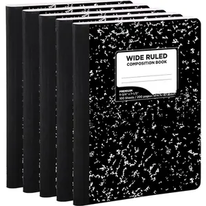 Premium Wide Ruled Composition Notebook 5 Pack 100 Pages 6-3/4 x 9-3/4 Inches Black Marble Cover