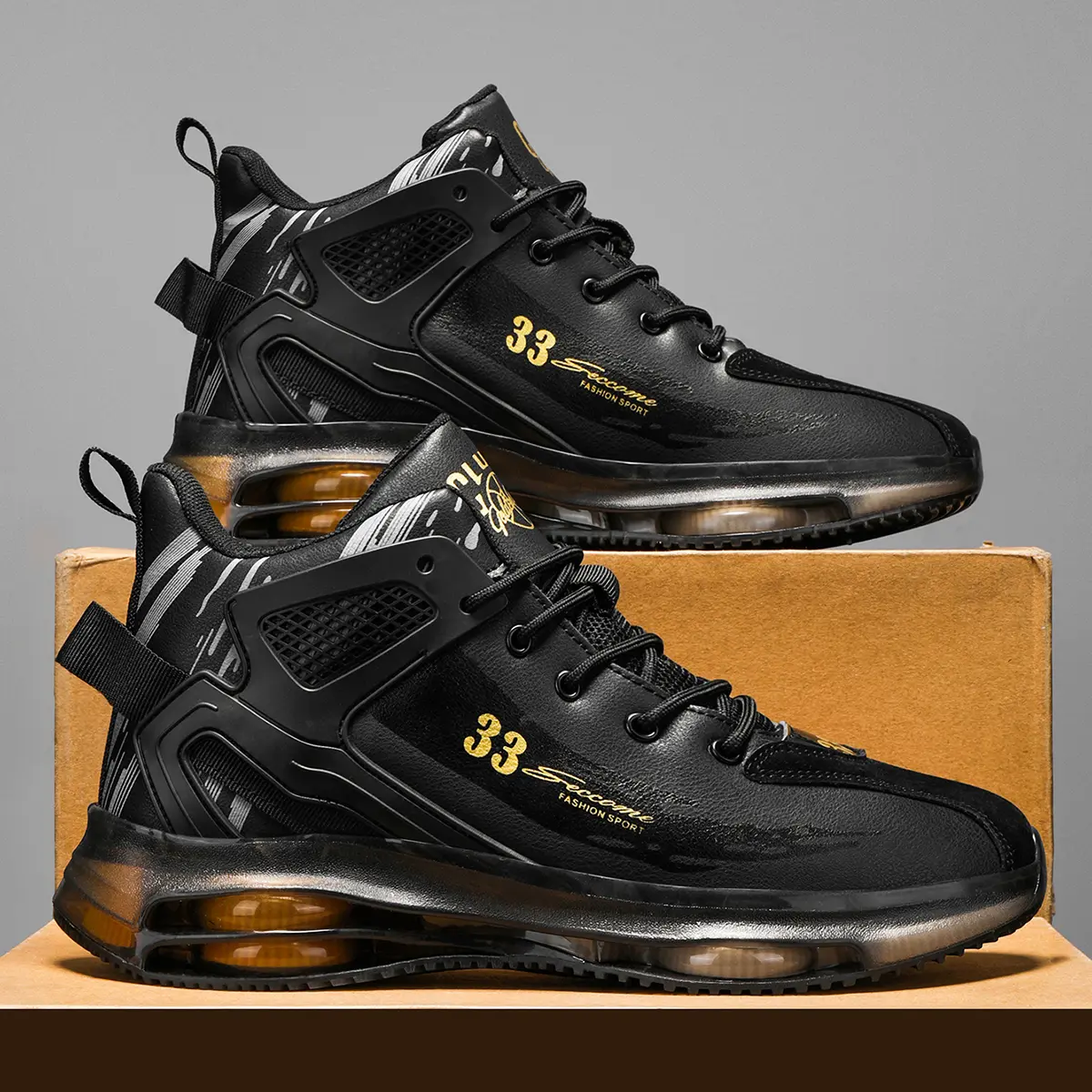 Men's Black Gold High Top Full Palm Air Cushion Running Shoes Leather Breathable Shock Absorbing Non Slip Athletic Training Sneakers