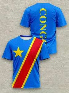 Men's 3D Printed Congo Text & Striped T-Shirt, Casual Sportswear, Athletic Workout Clothing, Regular Fit Short Sleeve, All Seasons