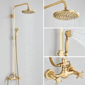 Antique Brass Shower Faucets Set Wall Mount Retro Shower Kit Dual Knobs Mixer Tap Handheld Spray Bathtub Kit