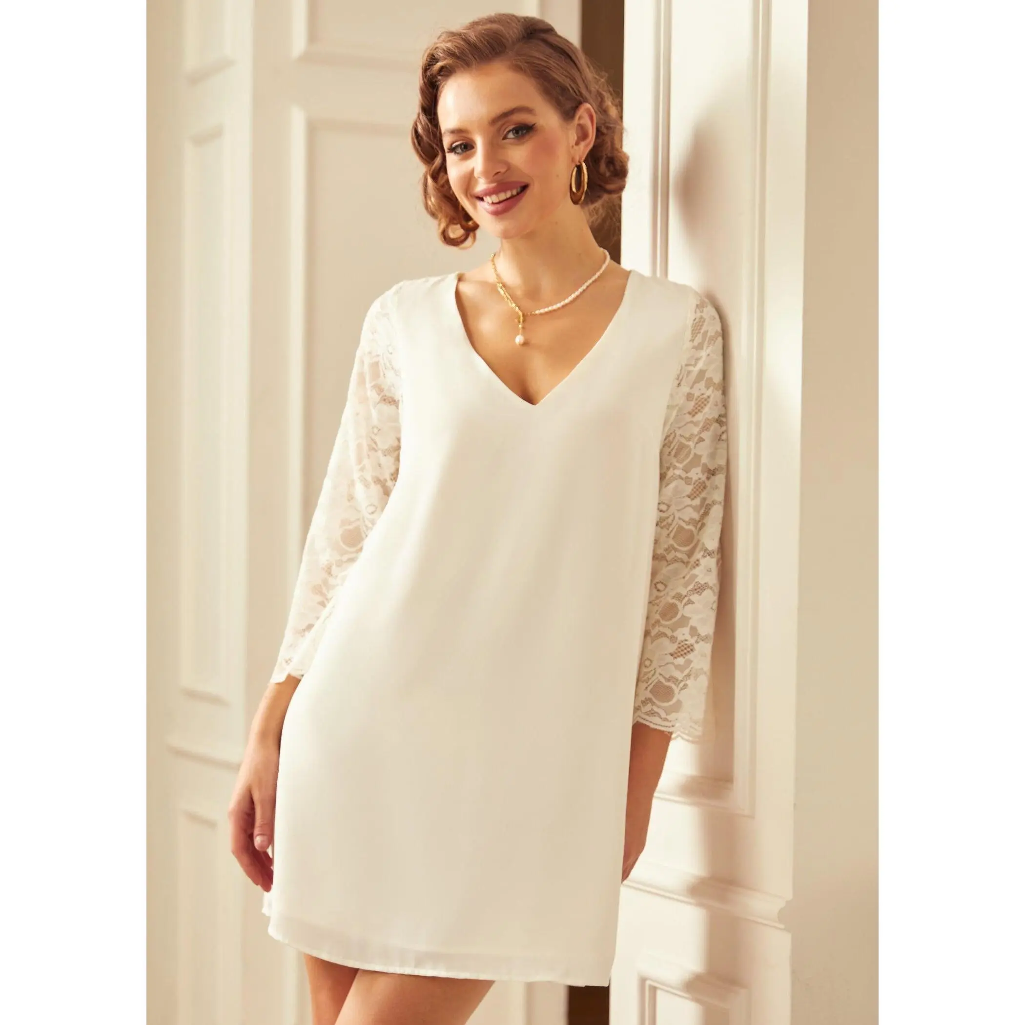 white a line dress with sleeves Andrea and Leo WL032