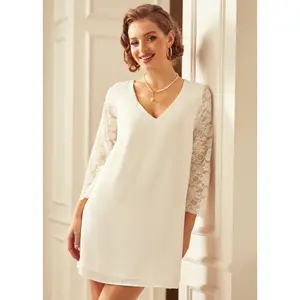 ModCloth Blushing With Bliss Boho Shift Style Mini Wedding Dress with Open Lace Back Bell Sleeves Button Down V Neck - Vintage White (XS-3X)