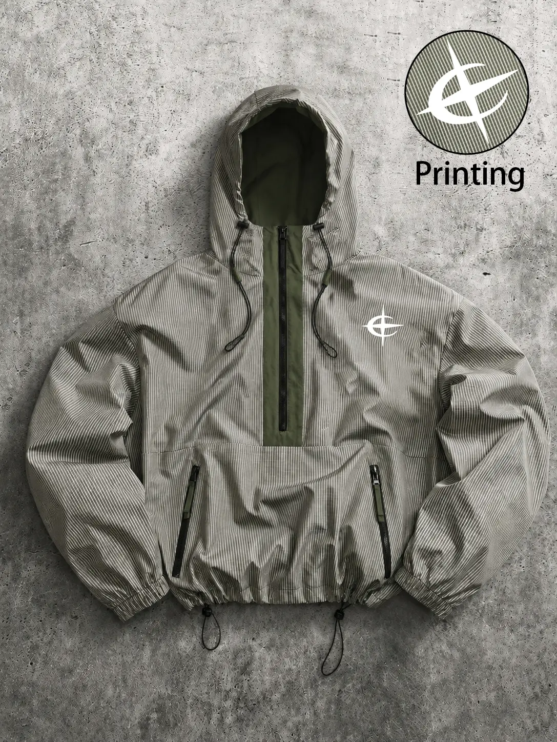 Men's Stylish Star Graphic Sleek Tactical Hooded Half-Zip Pullover Windbreaker Coat - Casual Loose Aesthetic Tech Lightweight Menswear with Utility Pockets, Adjustable Drawcord, Y2K Streetwear Outerwear for Fall Winter Hiking, Daily Wear