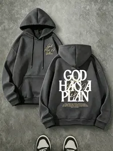 Thick 270 Gram Brushed Fleece Christian Hoodie, God Has A Plan Front Cursive & Back Bold Print Drawstring Sweatshirt, Oversized Inspirational Faith Pullover For Fall Winter Daily Wear