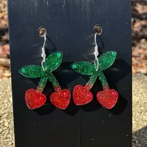 Cherry Earrings - Red Glittery Design with Green Leaves, Dangle Type, Ideal for All Seasons