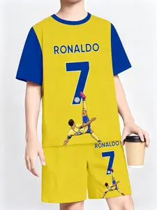 Summer Football Cartoon Print Short Sleeve Shorts Set, Casual Sports Leisure, Fitted Tee and Shorts Two-Piece