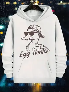 Men'S Vintage Rock Punk Hoodie with Funny Egg Hunter Duck Graphic & Adult Humor - Plus Size Casual Pullover Sweatshirt, White Retro Lettering, Regular Fit Hooded Sweatshirt for Casual Attire & Themed fall outfits,streetwear,game day outfit