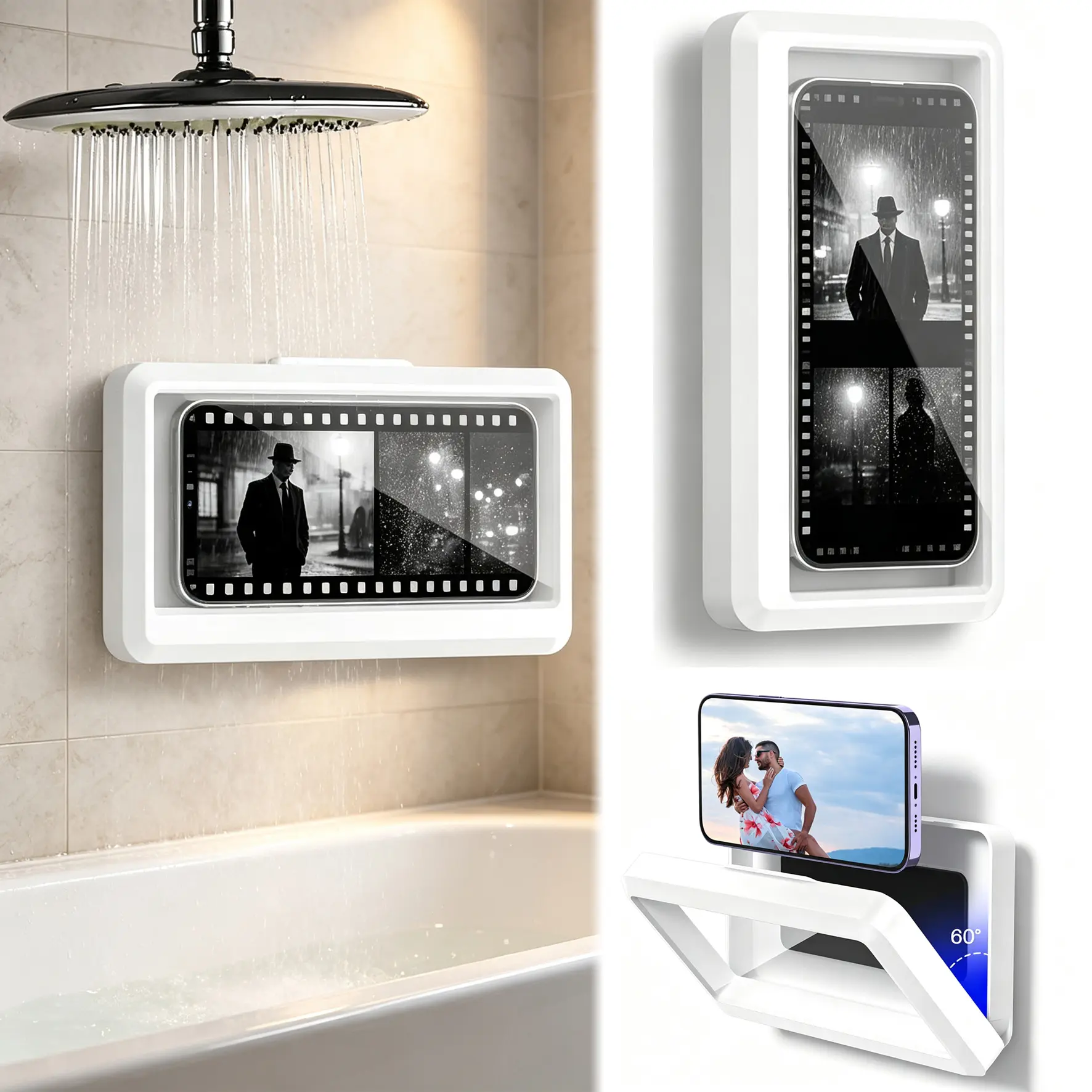 Waterproof Shower Phone Holder, Wall Mount Phone Case, Anti-Fog Touch Screen Phone Holder for Bathroom Kitchen, Shower Phone Case, No Drilling Wall Mount Phone Holder, Universal Waterproof Phone Pouch for Shower Bathtub